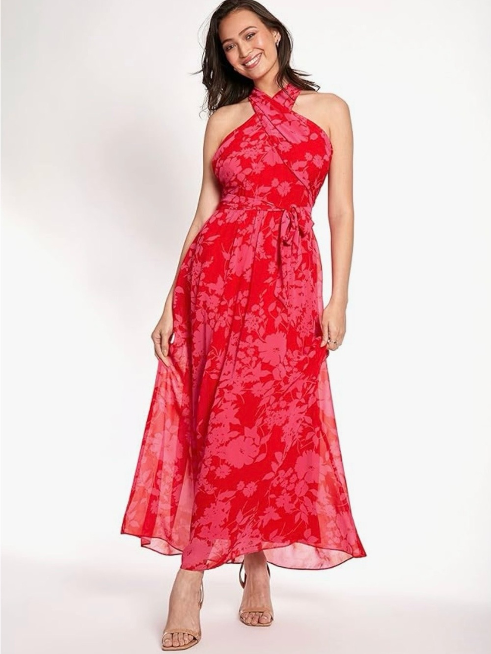 NWT London Times Red and Pink Floral Maxi Dress - Size 6